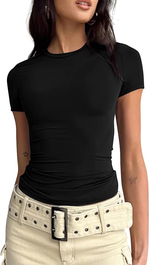 BAIGRAM Women’s Basic Slim fit Crop Top Tee Shirt Short Sleeve Workout Round Neck Cropped Tshirt